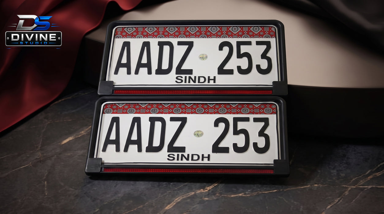Sindh Ajrak New Style Upper Side Embossed Replica Number Plates For Car - White