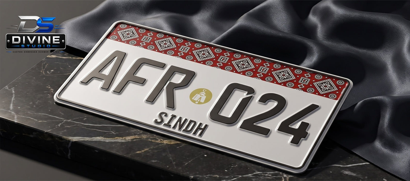 Sindh Ajrak New Style Upper Side Embossed Replica Number Plates For Car - White