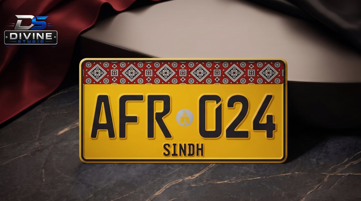 Sindh Ajrak Style Upper Side Embossed Replica Number Plates For Commercial Vehicles - Yellow