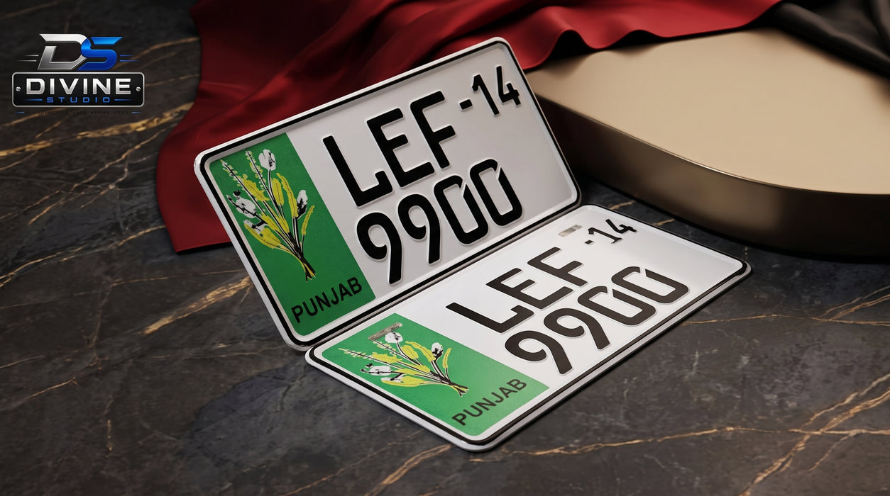 Punjab Old Style Upper Side Embossed Number Plates For Car - Green