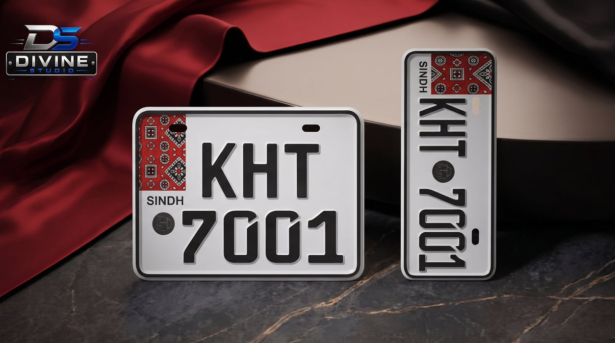 Sindh Ajrak Style Replica Upper Side Embossed Number Plates For Bike - White