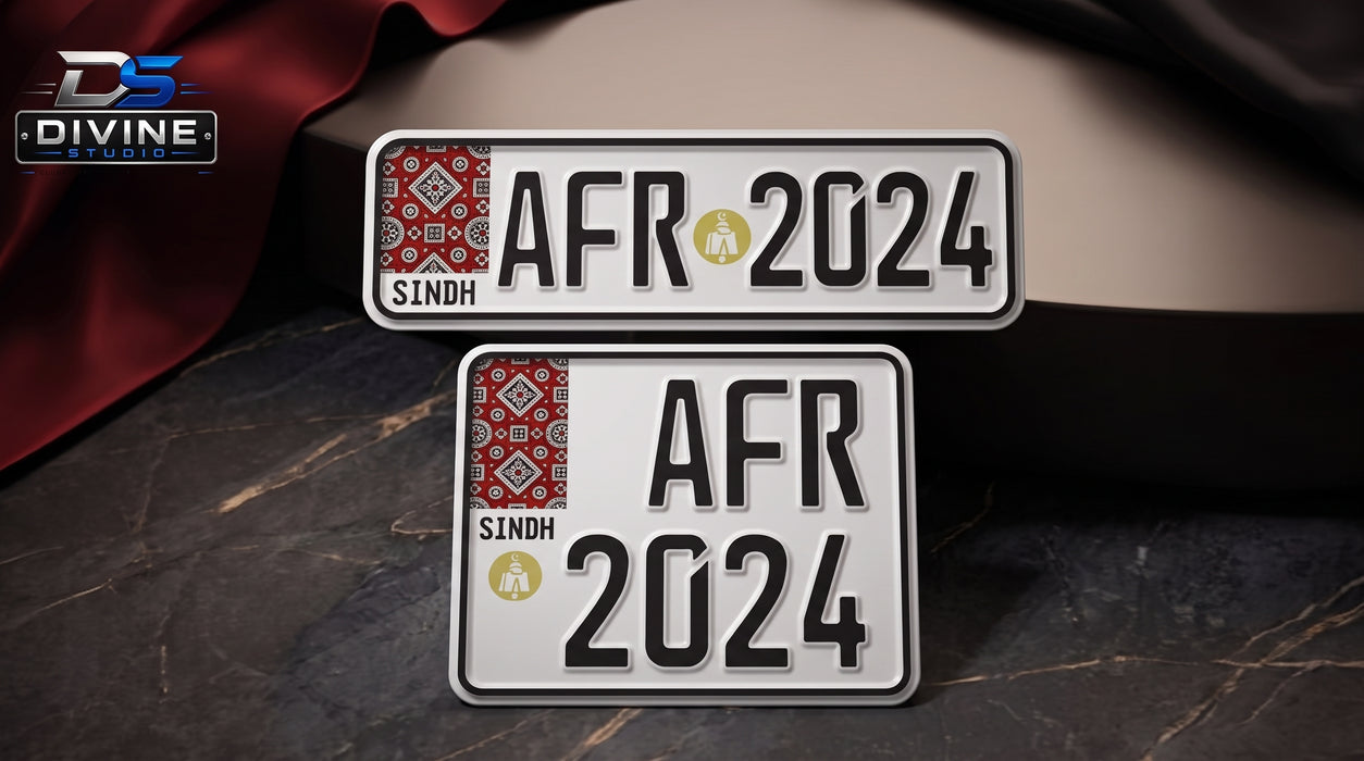 Sindh Ajrak Style Replica Upper Side Embossed Number Plates For Bike - White