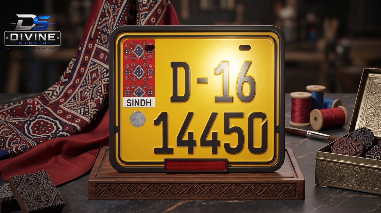 Sindh Ajrak Style Replica Upper Side Embossed Number Plates For Rikshaw - Yellow