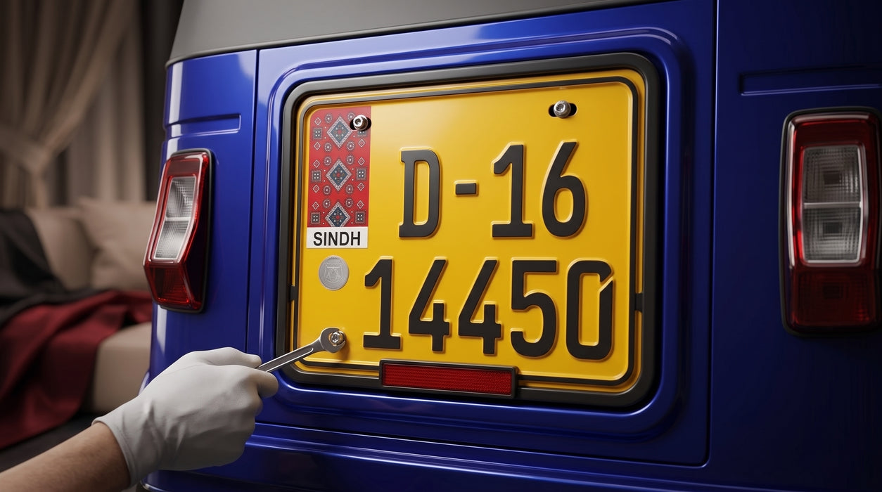 Sindh Ajrak Style Replica Upper Side Embossed Number Plates For Rikshaw - Yellow