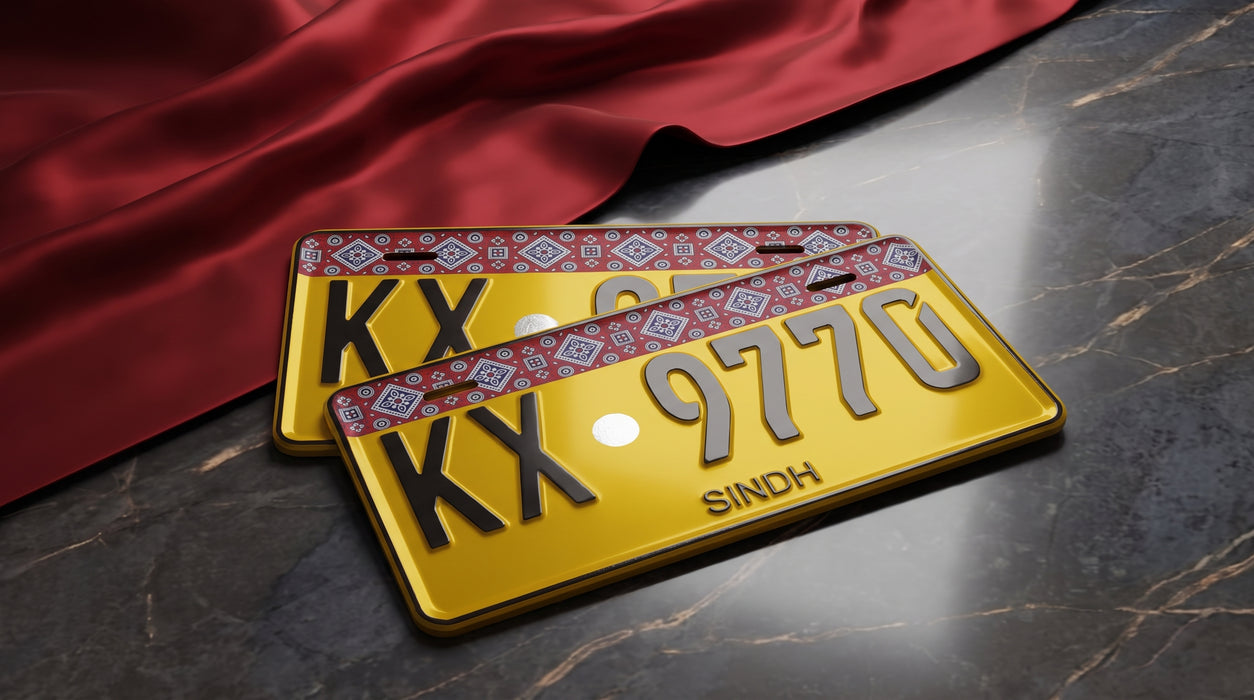 Sindh Ajrak Style Upper Side Embossed Replica Number Plates For Commercial Vehicles - Yellow