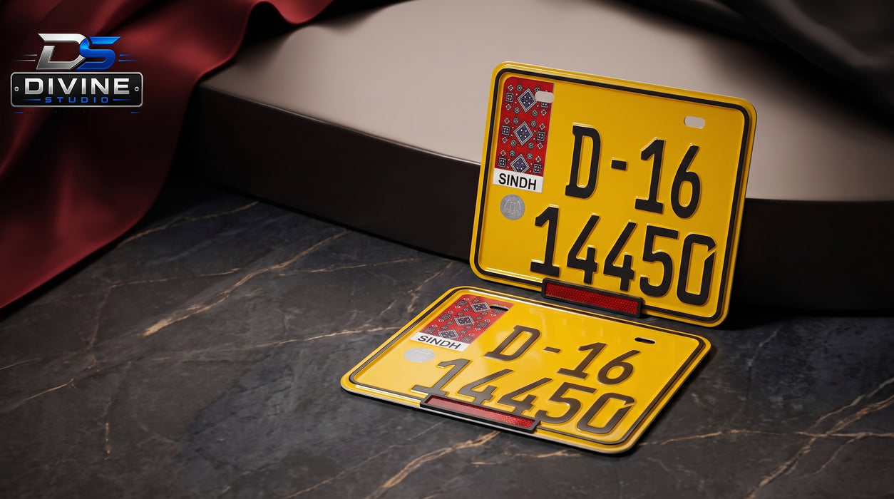 Sindh Ajrak Style Replica Upper Side Embossed Number Plates For Rikshaw - Yellow