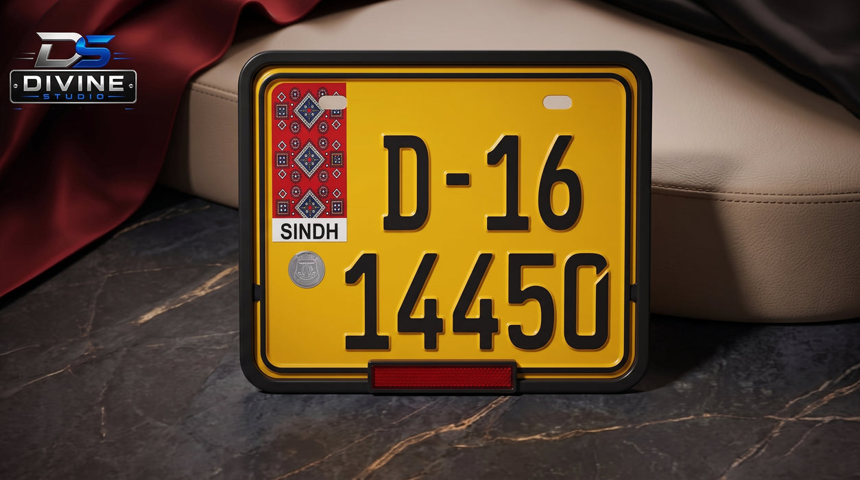 Sindh Ajrak Style Replica Upper Side Embossed Number Plates For Rikshaw - Yellow