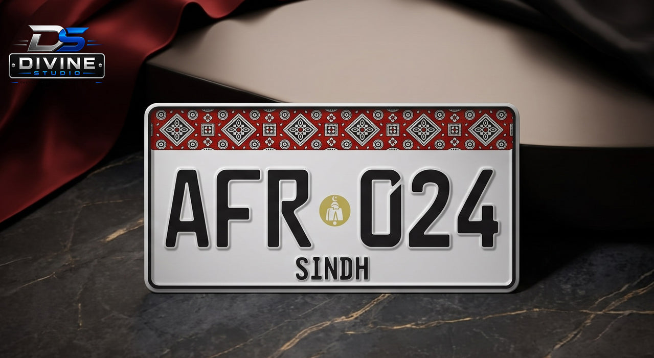 Sindh Ajrak New Style Upper Side Embossed Replica Number Plates For Car - White